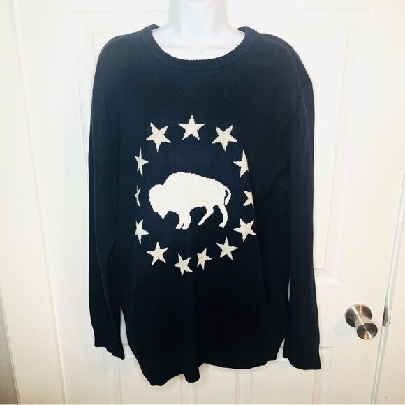 Lucky Brand Blue Cream Novelty Crew Sweater Buffalo Stars Americana Design XL - Picture 4 of 11